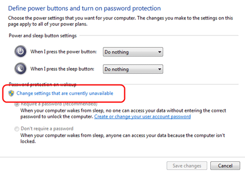 Windows 7 Power Options, Change Currently Unavailable Settings